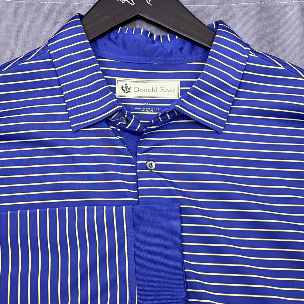 Donald Ross Polo Shirt Men XXL Blue Yellow Excellent Striped Long Sleeve Golf